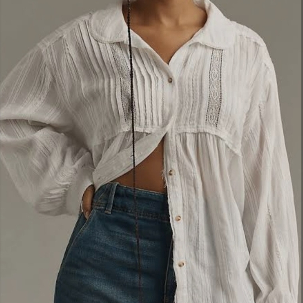 White Peasant Tunic Blouse Flowy Pintuck Pilcro Cotton - Picture 6 of 8